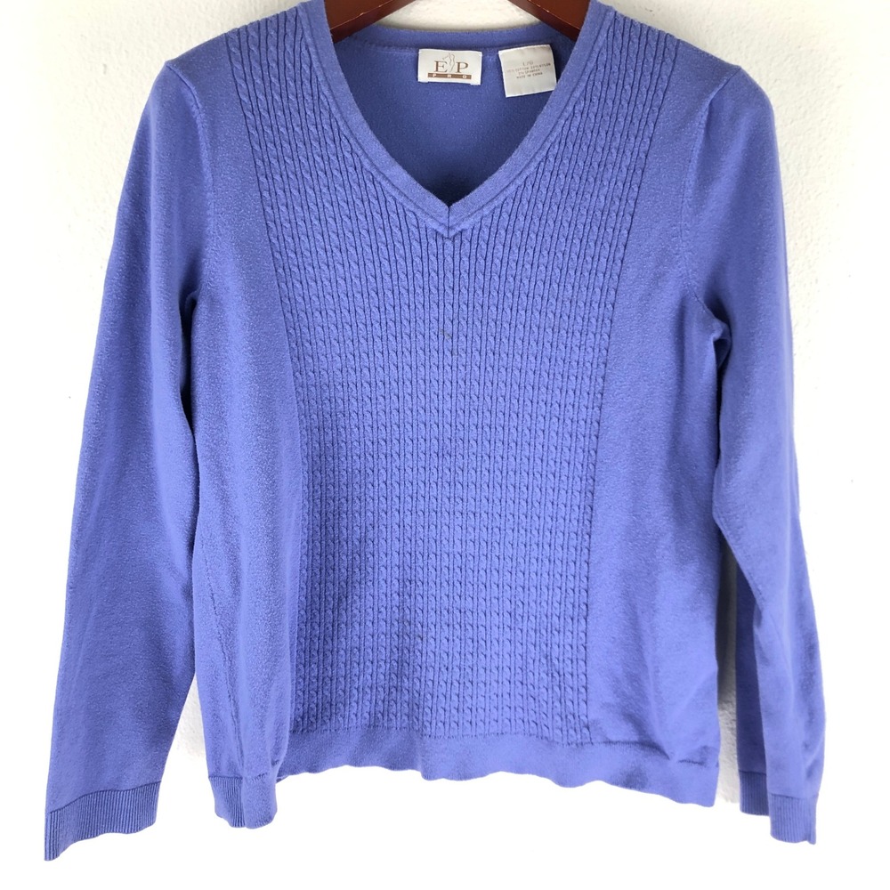 Vintage Periwinkle Blue V-Neck Cotton Cable Knit Golf Sweater Large Old Money